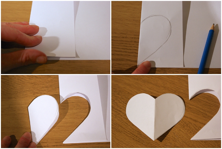 Dobre o pedaço de papel ao meio e, a partir da dobra central, desenhar metade de um formato de coração do tamanho que você preferir. Cortar sua forma com o papel ainda dobrado. - Foto #1986