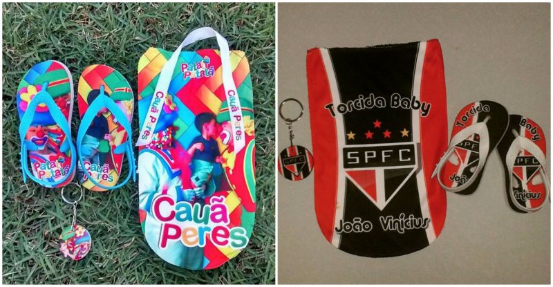 Kit infantil com sandália, sacolinha e chaveiro personalizados. Fonte: (Ateliê Personalizados) http://ateliepersonalizados.com/