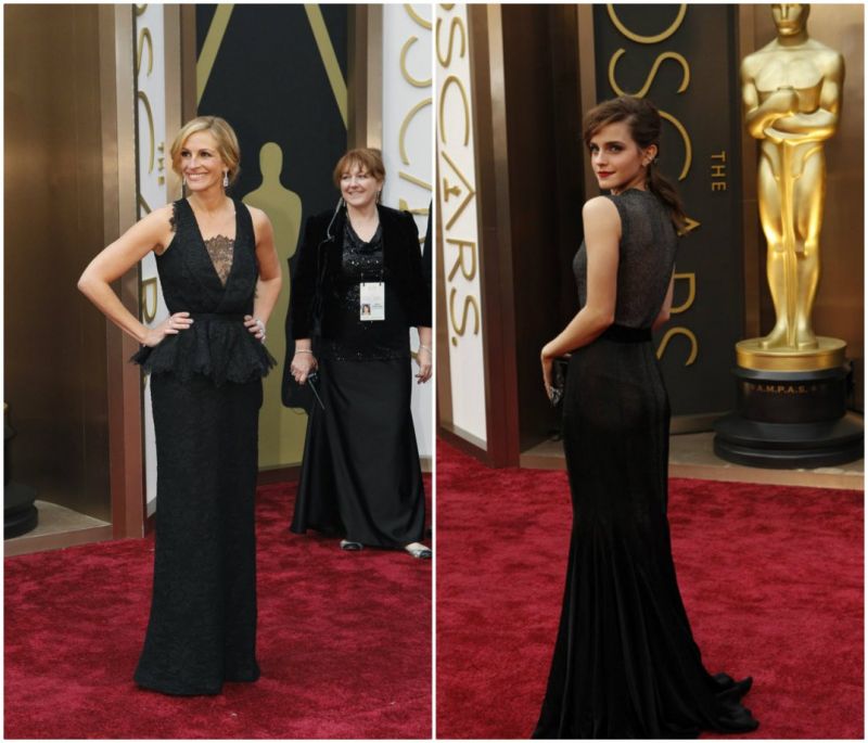 Julia Roberts usa um vestido rendado preto Givenchy com jóias por Bulgari.
<br />
Emma Watson chega em um vestido preto Vera Wang cintilante. - Foto #2336