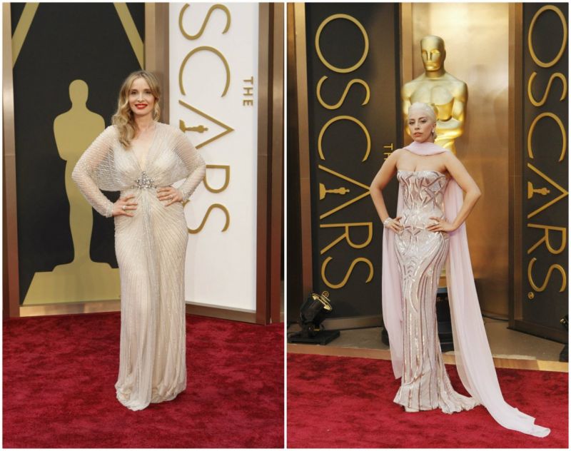 O candidato Melhor Roteiro Adaptado, Julie Delpy, usa um vestido cintilante de Jenny Packham e jóias Chopard.
<br />
Lady Gaga bateu duas tendências de uma vez, usando um vestido Versace metálico com um toque rosado. Suas jóias são de Lorraine Schwartz. - Foto #2335