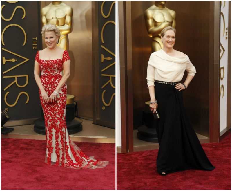Bette Midler chega em um vestido de renda floral vermelho de Reem Acra.
<br />
Meryl Streep, irradia elegância em uma blusa marfim e saia preta de Lanvin.